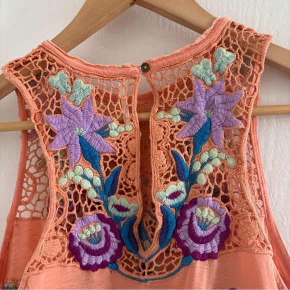 Free People Embroidered Crochet Tank Top Size Small Orange Boho Linen Blend - Picture 6 of 10